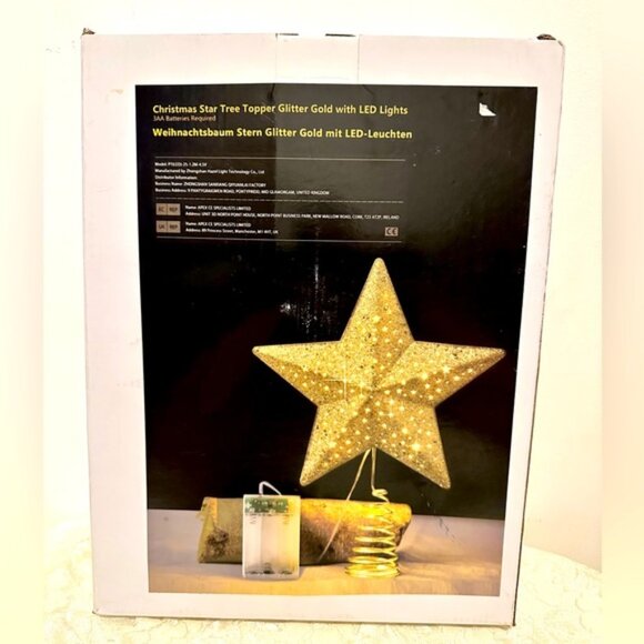 BNIB Gold Glitter Star Christmas Tree Topper LED lights Battery Operated - Picture 2 of 4